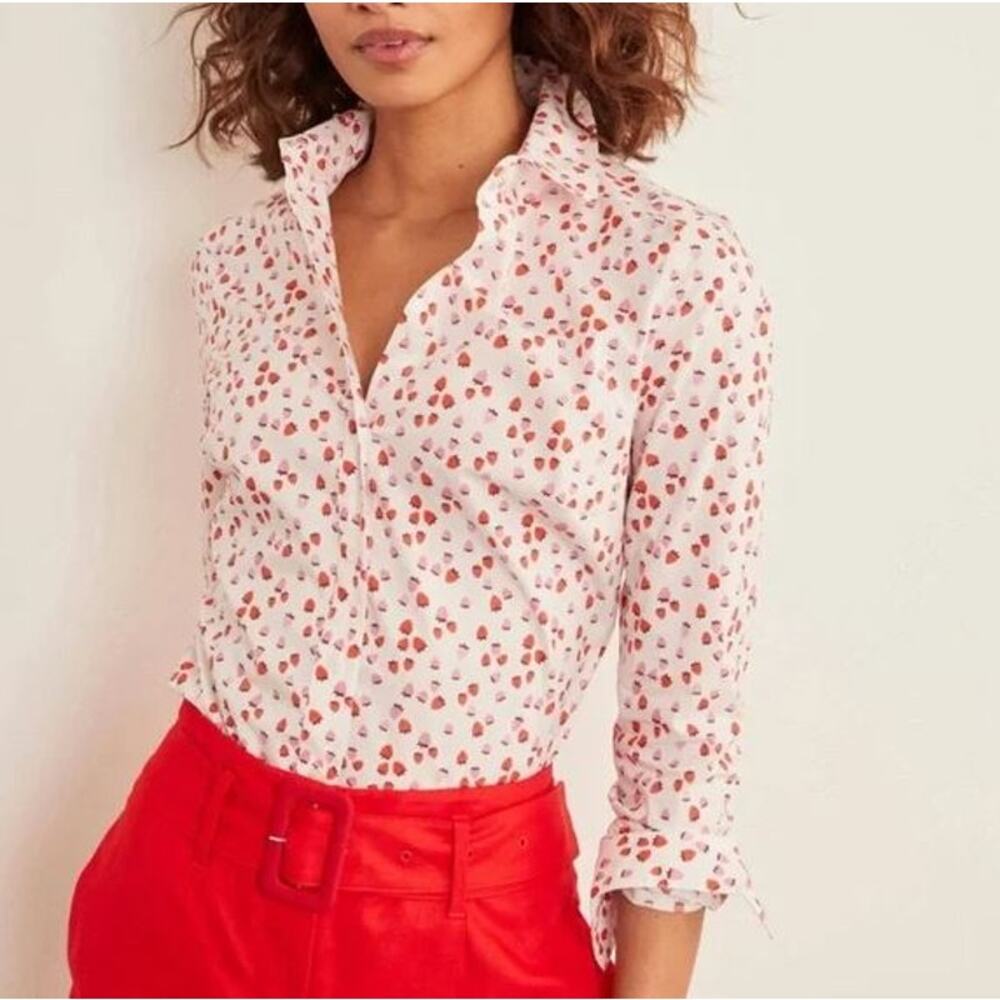 Boden Strawberry Print Button Down Classic Fit Shirt White Pink Women's Size 10